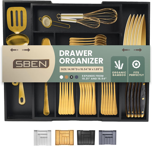 Sben Expandable Drawer Organizer for Utensils Holder, Adjustable Cutlery Tray, Wood Drawer Dividers Organizer for Silverware, Flatware, Knives for Kitchen (Black)