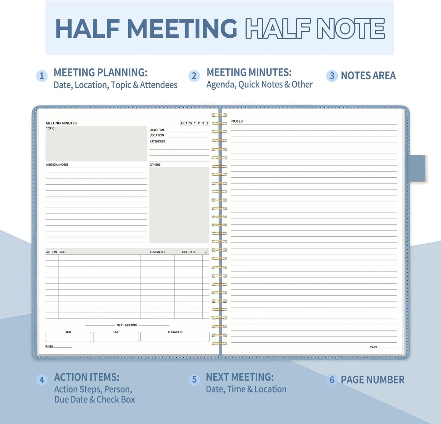 SUNEE Half Meeting Half Note - 7.5"x10" Professional Notebooks for Work - 160 Pages, B5 Size Project Planner, Spiral Meeting Agenda Organizer for Women Men, Note Taking,Office with Vegan Leather Cover