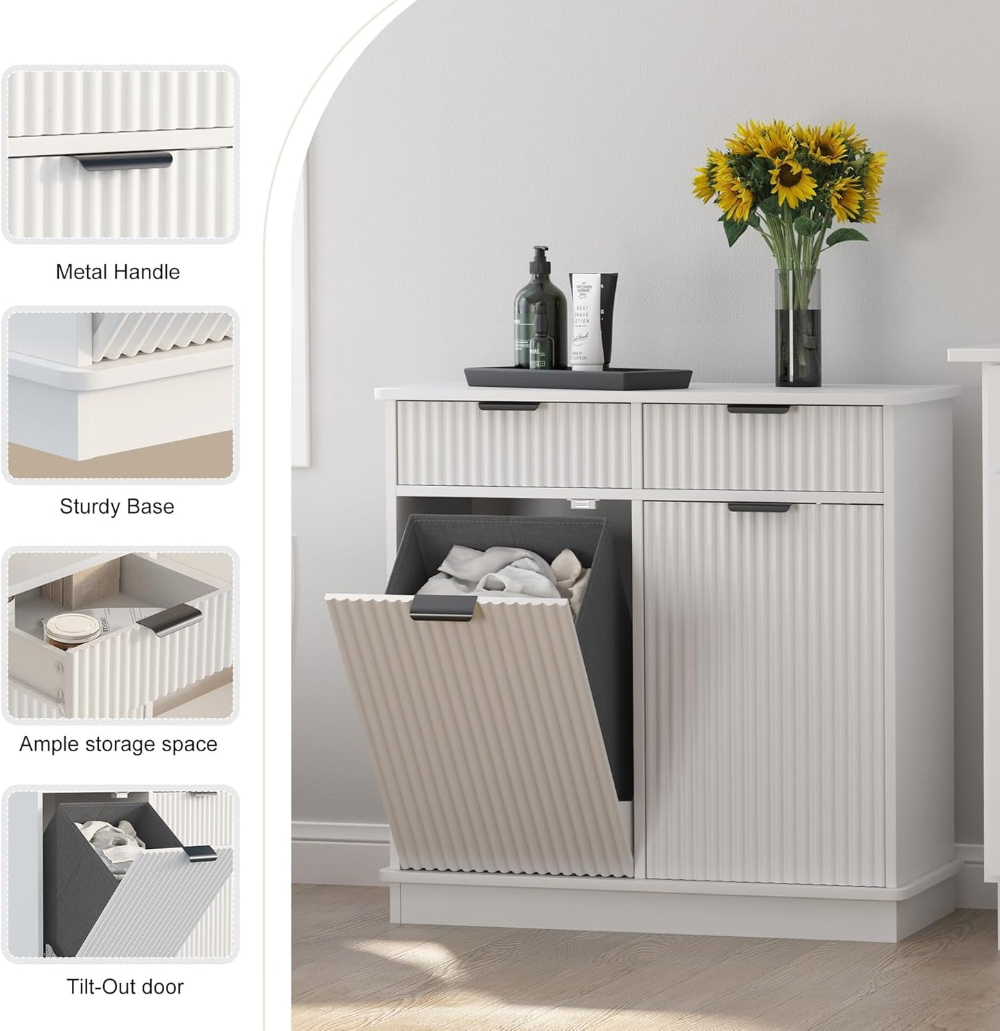 White Double Tilt Out Laundry Hamper Cabinet Laundry Basket Cabinet Hidden Laundry Hamper with 2 Drawers & 2 Baskets for Bathroom Bedroom,30x30x16in