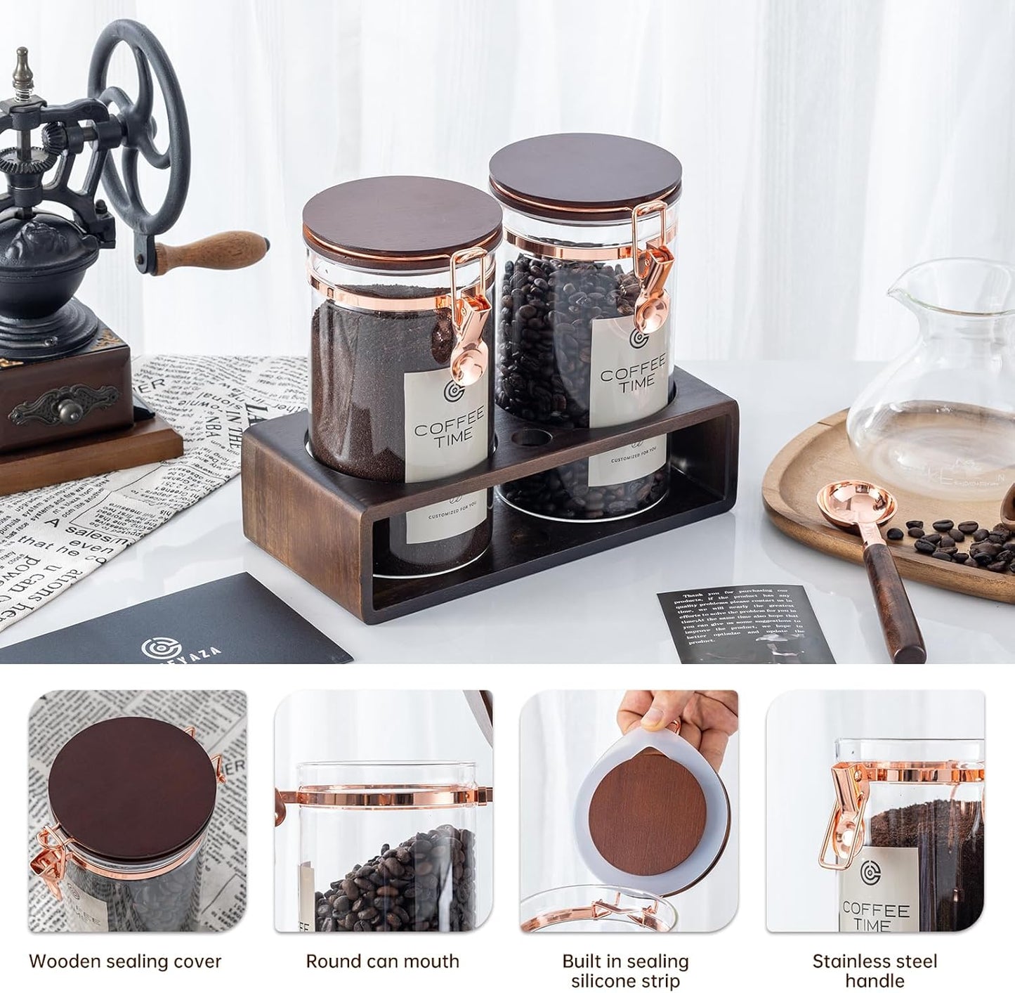 Glass Coffee Canister Set with Shelf and Spoon, Set of 2 Coffee Containers for Storing Ground Coffee Beans, Sealed, Coffee Bar Coffee Filter Holder