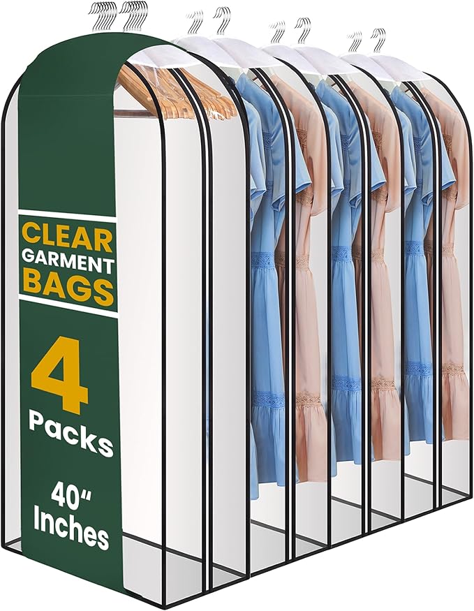 Clear Garment Bags for Clothes Storage - 4-Pack Plastic Hanging Covers and Clothing Protectors, Long Dress Suit Jacket Closet Cover Dust Proof Garment Bag Set for Organized Wardrobe Storage (40")