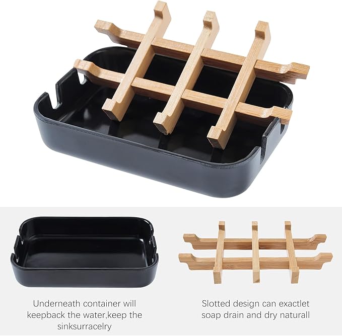 Bamboo Soap Dishes, 2-Pack Black Holder for Bathroom & Shower