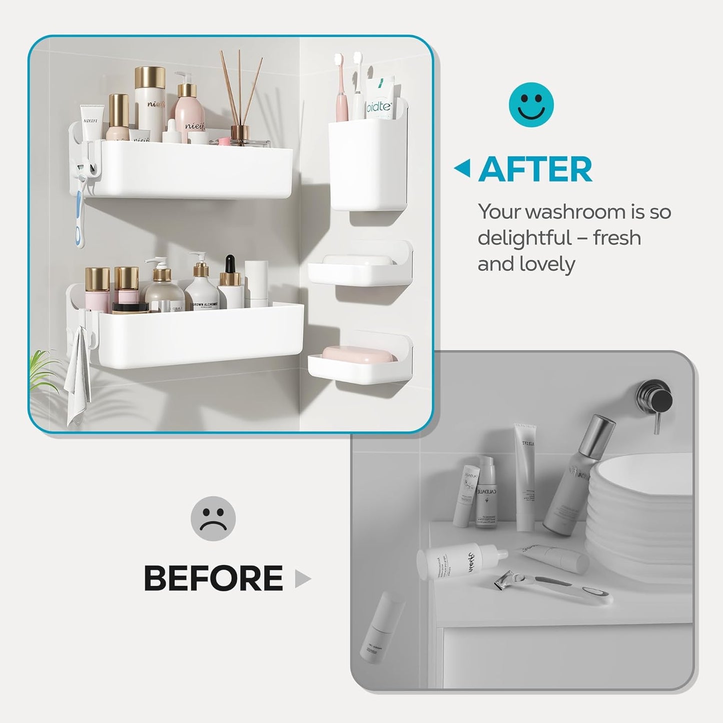 Nieifi Adhesive Wall Shelf, Shower Shelves 5 Pack with Soap Holder, Shower Organizer for Bathroom Organization, White