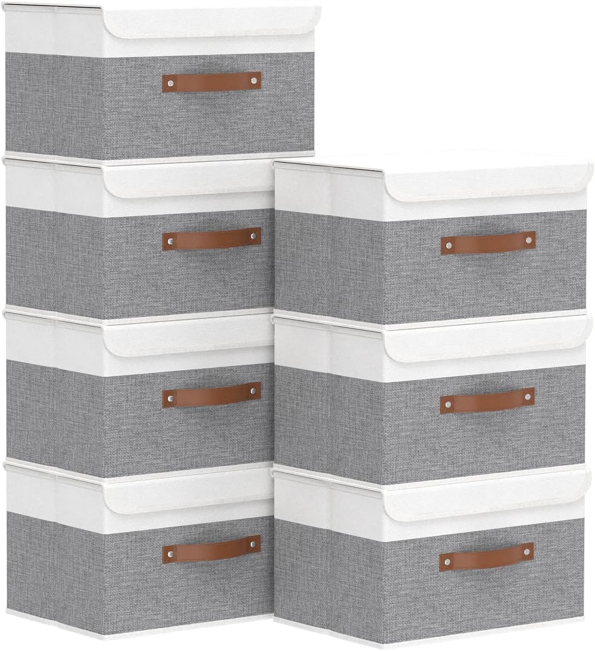 Yawinhe Collapsible Storage Bin, Cube Organizer Basket, Fabric Box with Lids, Washable and Leather Handle, for Home, Closet, White/Grey, 13.0''Lx9.0''Wx7.9''H, 7-Pack, SNK024WGS-7