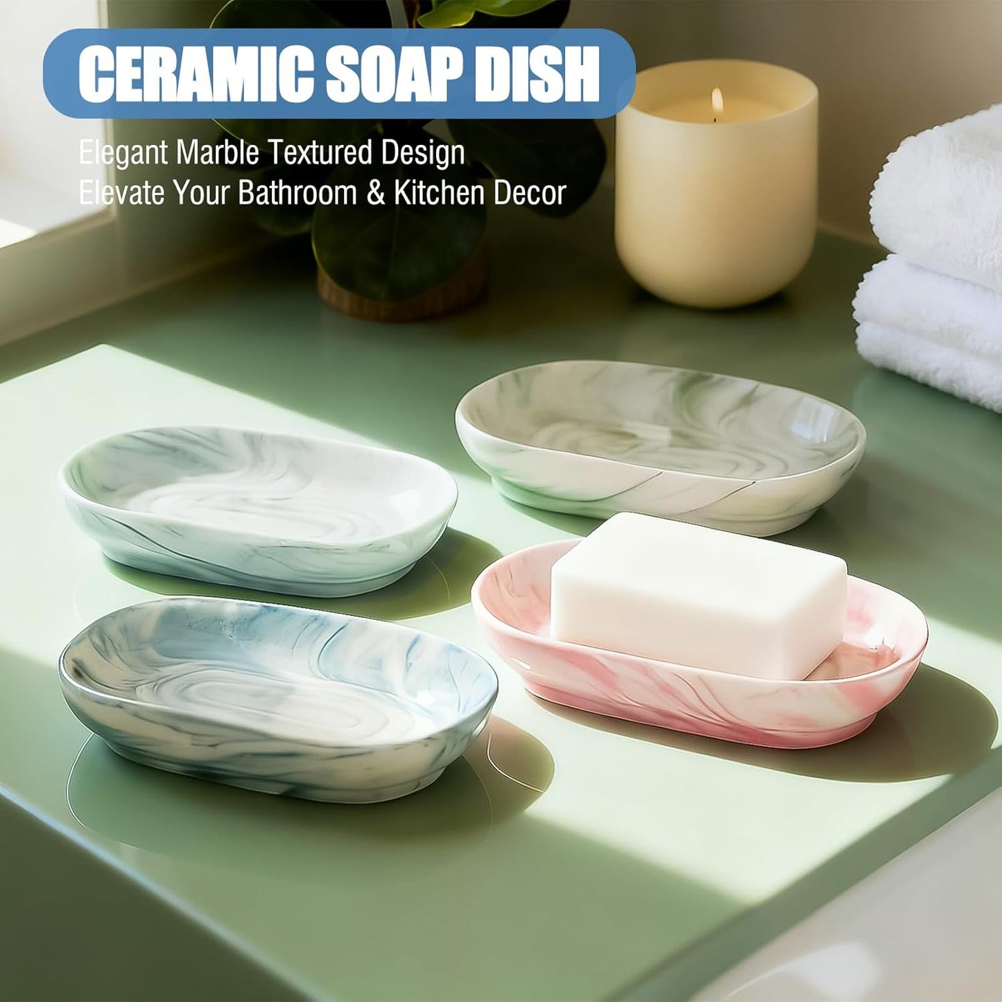 OTHIX Ceramic Soap Dish with Unique Marble Texture, Decorative Bar Soap Holder for Bathroom and Kitchen, Cute Soap Dishes for Bar Soap, Jewelry, Ring (Green Texture)