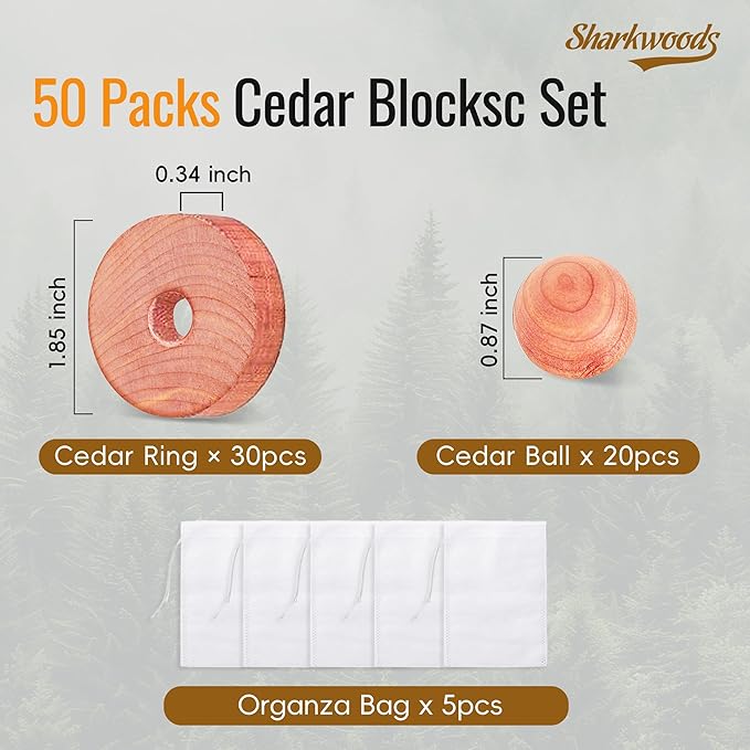 Cedar Blocks for Clothes Storage 50 Pack - 100% Natural Aromatic Cedar Rings and Balls for Closets & Drawers Freshener (30 Rings & 20 Balls)