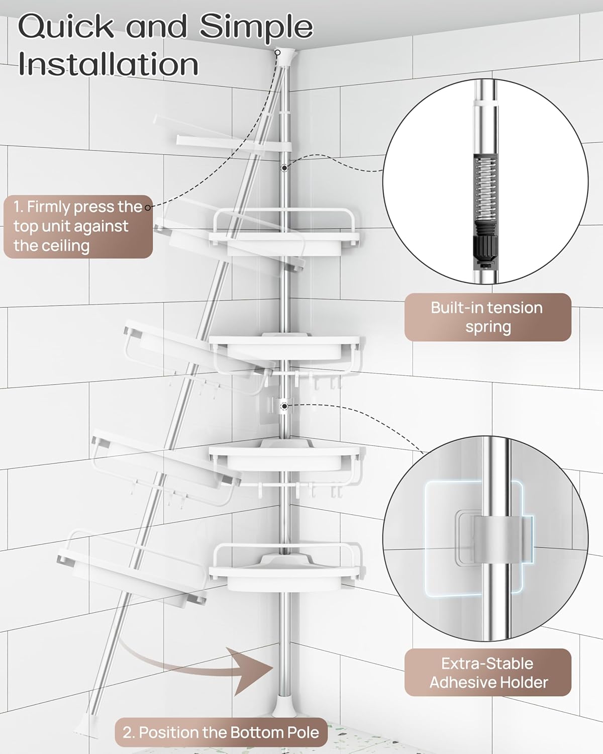 ALLZONE Rustproof Shower Caddy Corner for Bathroom, Tension Corner Shower Caddy Tension Pole, Solid Shower Organizer with 4 Adjustable Shower Shelves, Shower Rack Fit Heights 34 to 116 Inches,White