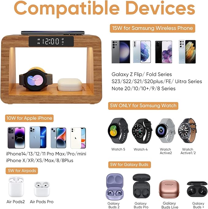 Wireless Charger Station for Samsung with Digital Alarm Clock, Fast Wireless Charging Station with LED Night Llight for Samsung&Android Phone, Wireless Phone Charger Station Only for Samsung Watch