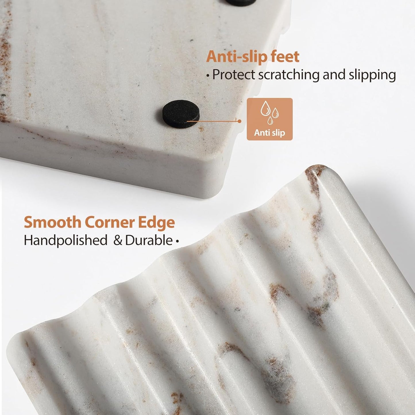 Koville Natural Marble Soap Dish for Shower, Stone Soap Tray for Bathroom, Bar Soap Holder for Sink, Stripe Grooves Saver Stone Dish Tray Keep Bars Dry Easy Clean(Palissandro Classico)