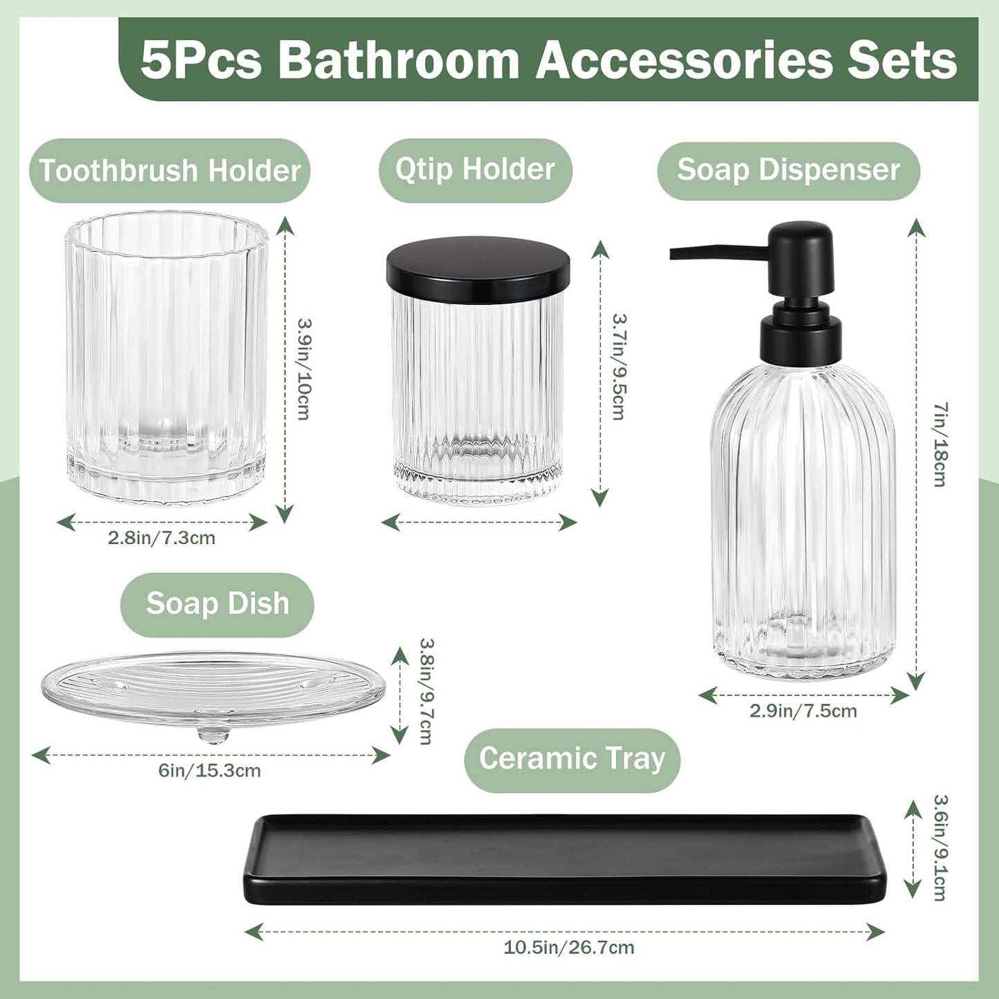 Shinowa Bathroom Accessories Set, 5 Pcs Clear Glass Bathroom Accessory Sets Complete with Soap Dispenser, Toothbrush Holder, Q-Tips Holder, Soap Dish, Ceramic Tray, Countertop Vanity Organizer