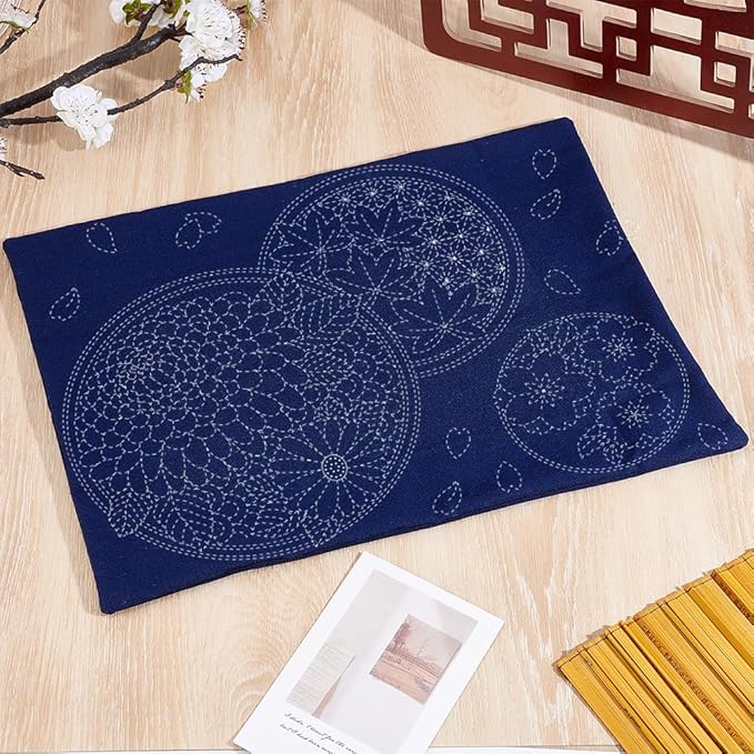 FREEBLOSS Sashiko Tea Mat Kit DIY Sashiko Kit with Template Sashiko Stencils Kit Sashiko Water Soluble Template Tea Mat Sashiko Kit for Beginner DIY Sashiko Kit for Adults