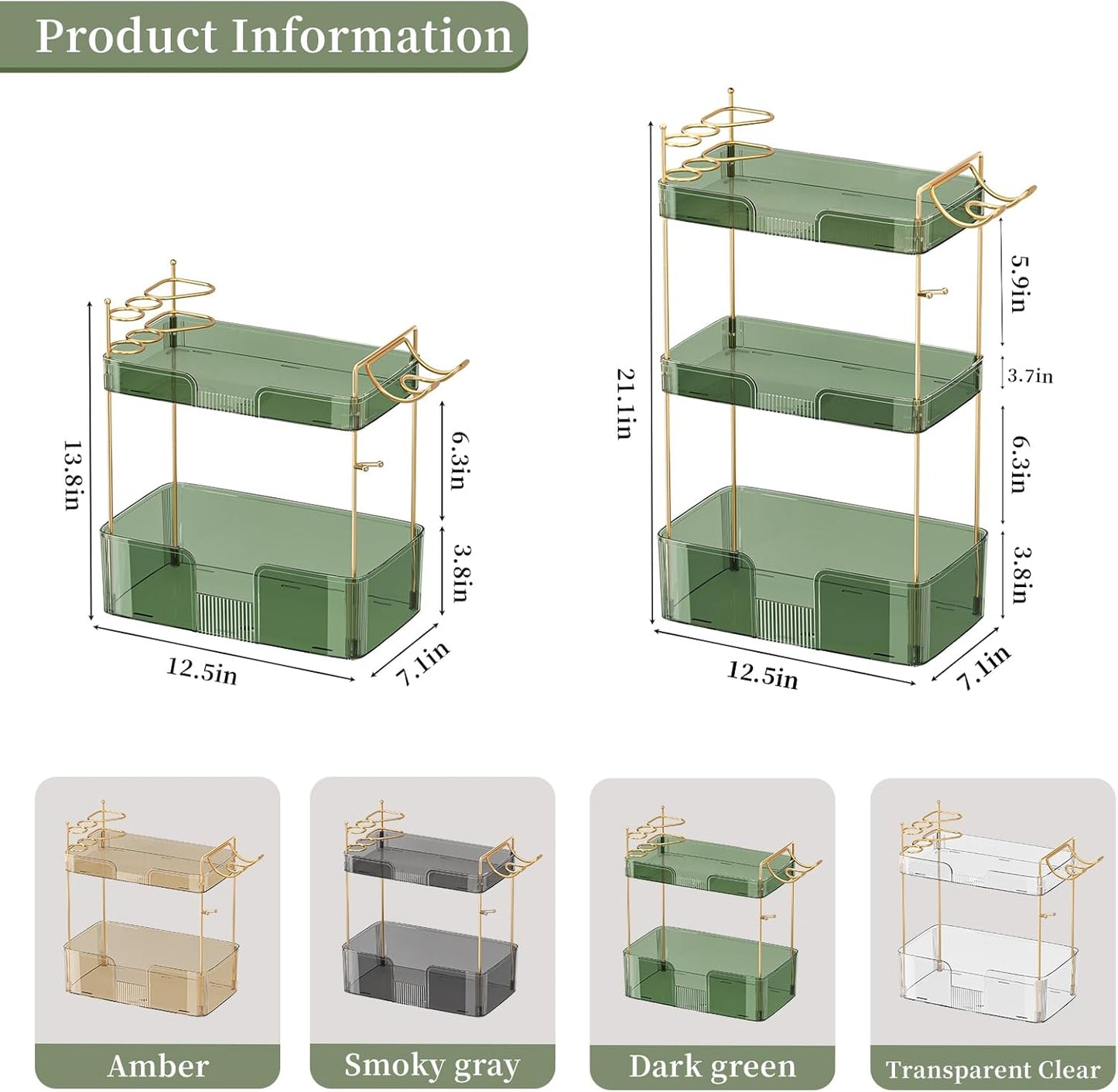 3 Tier Bathroom Organizer Countertop Makeup Perfume Tray Skincare Organizer Comes with Hair Dryer Rack and Toothbrush Holder for Bathroom Dresser Vanity (Green)