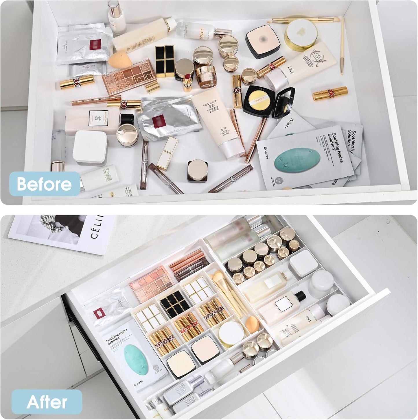 MIUOPUR Expandable Drawer Organizer, Width (10.6"-20.1") Depth (11"-20.1"), Plastic Makeup Drawer Organizer with 6 Removable Dividers, Silverware Organizer, Great for kitchen and Bathroom Drawers