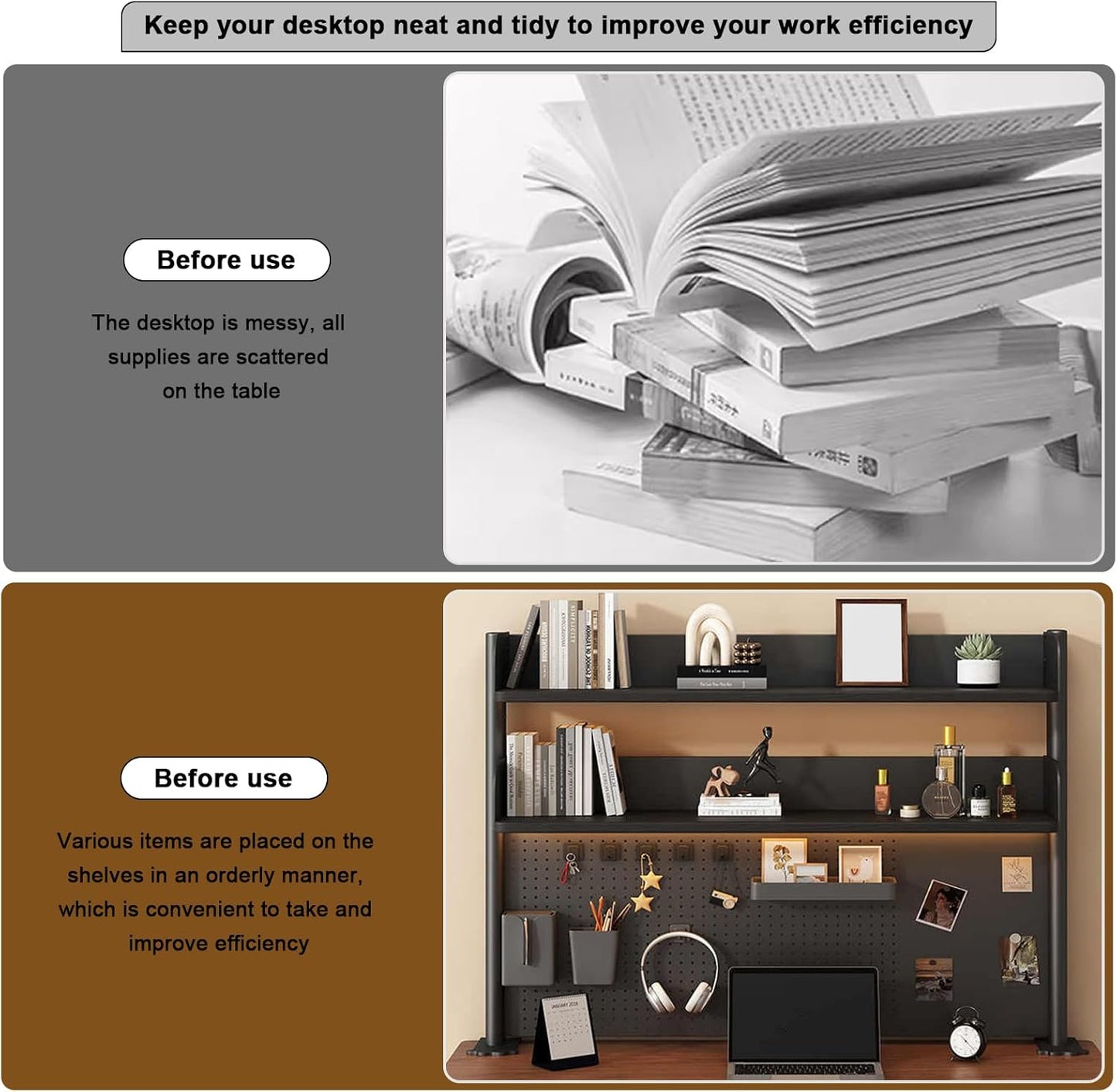 Clamp on Desk Shelf with Pegboard, Black Desktop Bookshelf Organizer Storage Shelves for Home Office Dorm Gaming Desk, Space Saving Tabletop Display Rack Organization (Black, 39.3in)