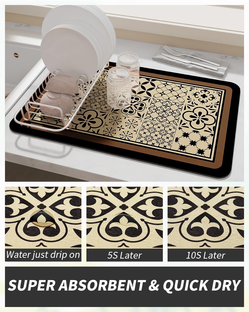 AMOAMI Coffee Mat - Hide Stain Rubber Backed Absorbent Dish Drying Mat for Kitchen Counter - Fits Under Coffee Maker - Khaki 12X19