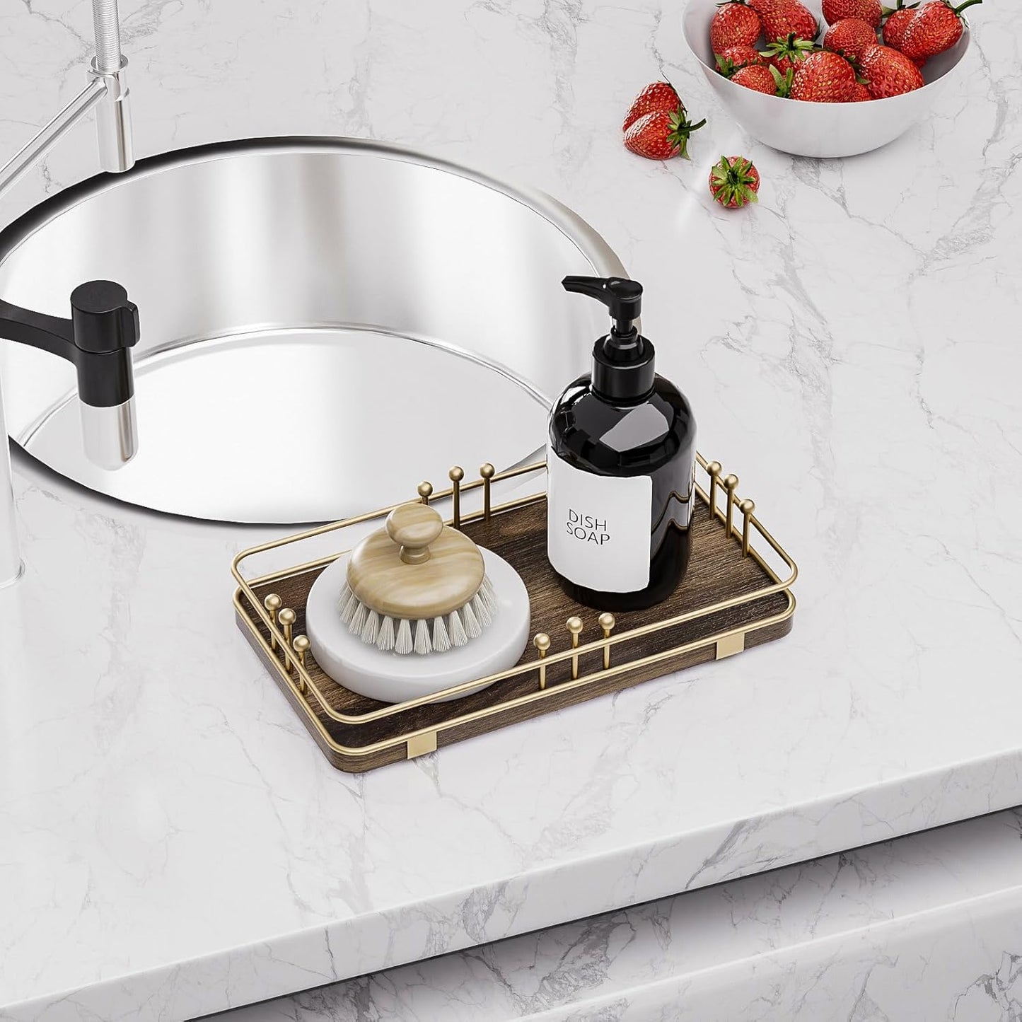 Bathroom Vanity Tray for Toiletries Makeup Perfume Candle Toilet Tank, Kitchen Tray for Soap Dispenser Spice Salt, Small Tray for Countertop Decor Coffee Nightstand 7.9”x4.4” Brown-Gold