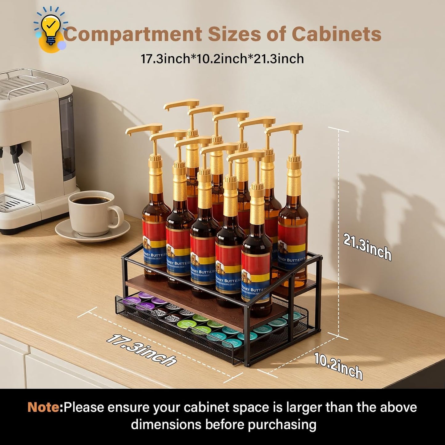 Coffee Syrup Rack Organizer, 3-Tier 10 Bottle Syrup Rack with 35 K Cup Darwer for Coffee Bar, Countertop Bottle Holder Stand for Dressing for Kitchen Cafe Station