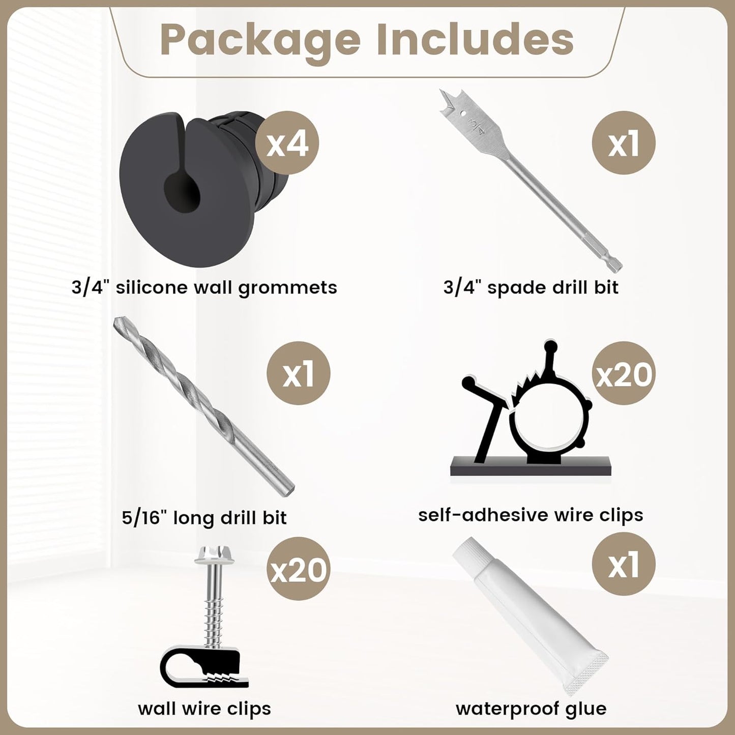 Starlink Cable Grommet Routing Kit for 3/4 inch Wall Hole, 4PCS Wall Grommets Accessories Including 3/4" Spade Drill Bit, Drill bit, and 40 Wall Wire Clips