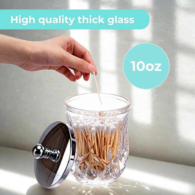 Qtip Holder,10 Oz Clear Glass Apothecary Jars with Silver Lids for Bathroom Organization & Desk Storage,Thick Glass Apothecary Jars for Q-Tips,Cotton Rounds, Jewelry,Candy,Round