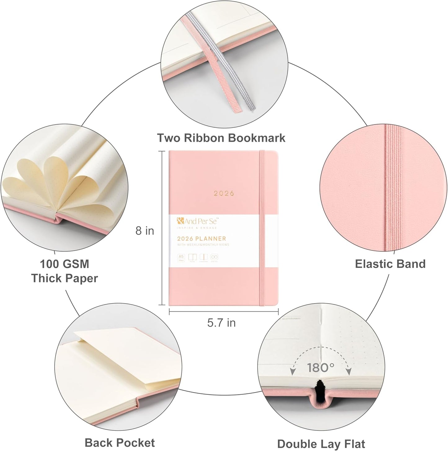 And Per Se 2026 Planner-Daily, Weekly & Monthly Leather Hardcover Planner, 5.7" x 8", Daily Schedule, Monthly Tabs, 100 GSM Thick Paper, Back Pocket(Pink)
