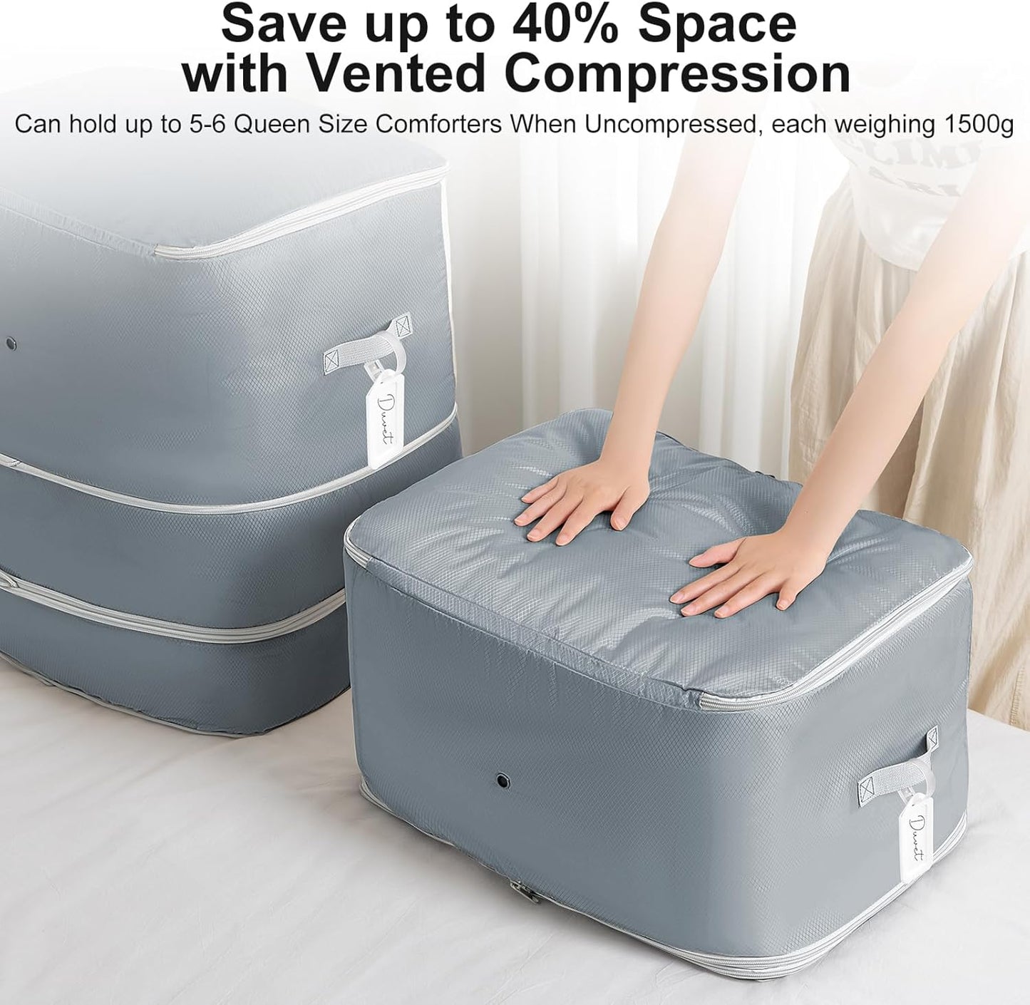 Comforter Storage Bag - 130L Large Capacity Blanket Storage Bags 3-Layer Ultra Space Saving Self Compression Organizer, Washable Compression Bags for Storage Comforter Blanket, 4-Pack, Grey