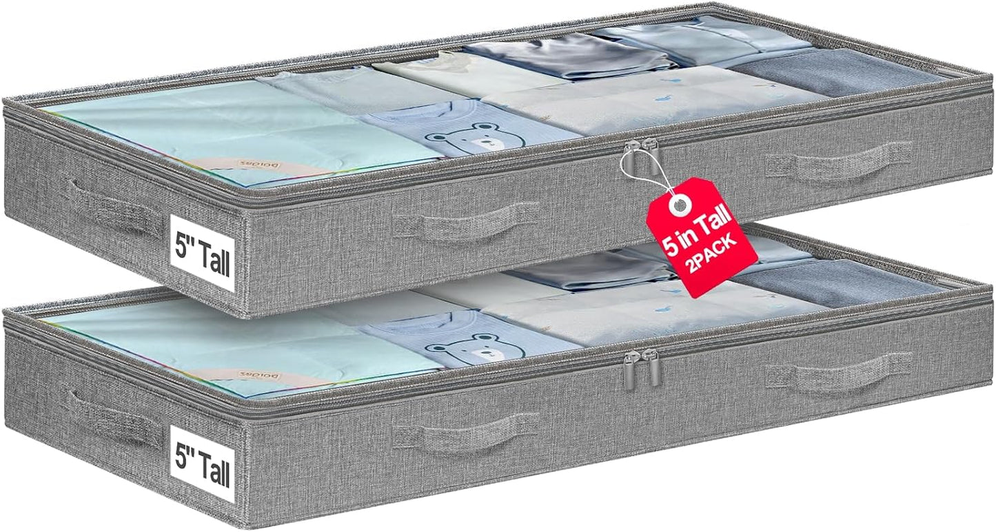 punemi 5 Inches High Low Profile Under Bed Storage Containers，No-Structure,Soft Fabric Zippered Underbed Storage bins for Clothes and Blankets— Fits Under Crib, Couch or Dorm bed,2-Pack,Grey