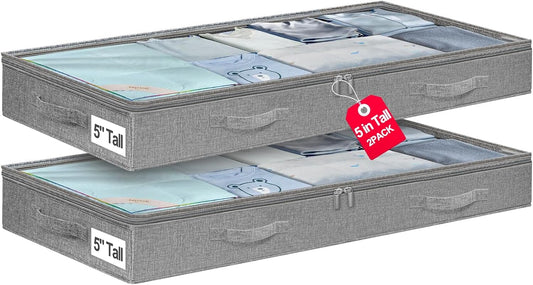 punemi 5 Inches High Low Profile Under Bed Storage Containers，No-Structure,Soft Fabric Zippered Underbed Storage bins for Clothes and Blankets— Fits Under Crib, Couch or Dorm bed,2-Pack,Grey