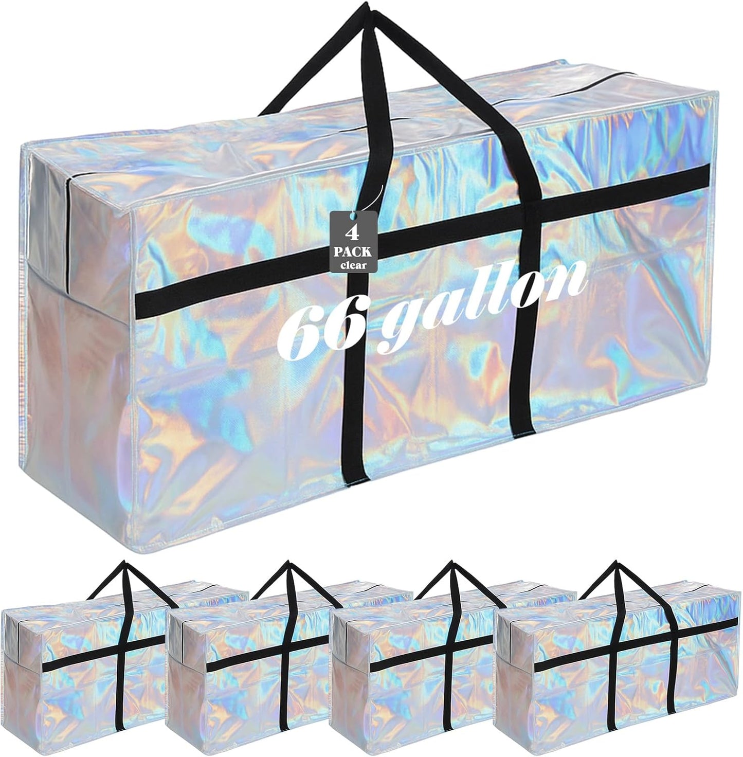 4 Pcs 66 Gallon Large Moving Bags with Zipper and Handles Foldable Storage Duffle Bags Heavy Duty Extra Large Totes for College Dorm Travel Clothes Blankets Bedding Moving (Iridescent)