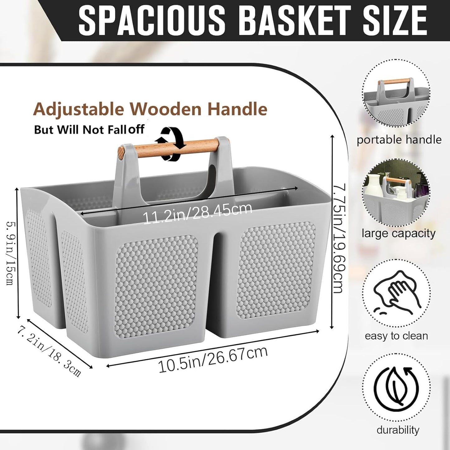 Haundry Plastic Light Gray Shower Caddy Basket with 3 Compartments, Portable Divided Bathroom Cleaning Caddy Organizer Storage Tote with Handle for Dorm, College, Room Essentials