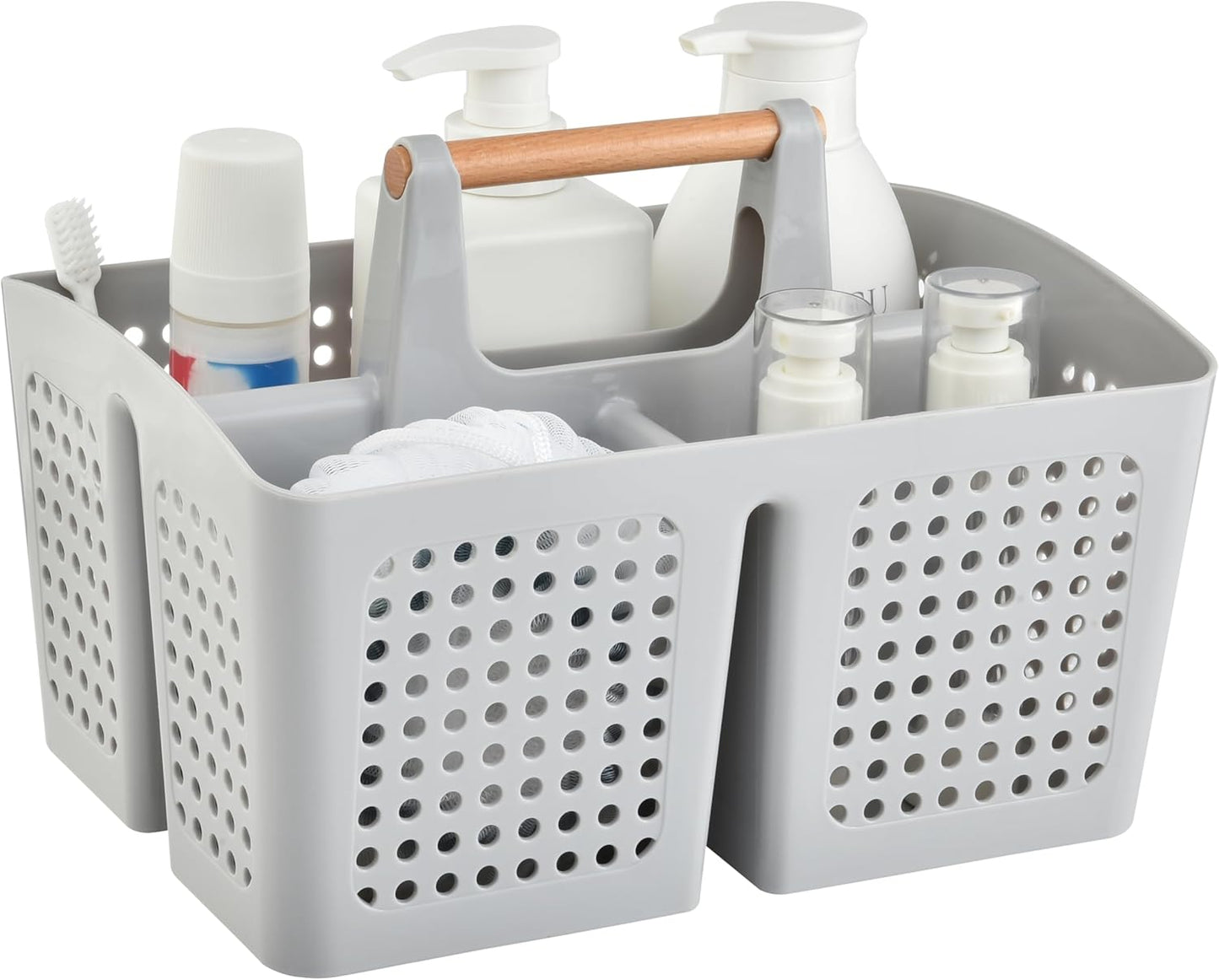 Portable Shower Caddy Basket with Compartments, Plastic Divided Cleaning Caddy Organizer Storage Tote with Handle for Bathroom, College, Dorm Room Essentials, Light Gray