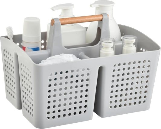 Portable Shower Caddy Basket with Compartments, Plastic Divided Cleaning Caddy Organizer Storage Tote with Handle for Bathroom, College, Dorm Room Essentials, Light Gray