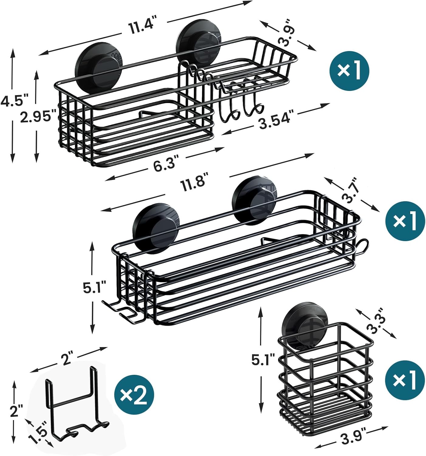 TAILI Shower Caddy Suction Cup, 3 Pack Shelves for Inside with Hooks & Soap holder Toothbrush Cups, Removable Bathroom Organizer, Rustproof Black Holder Storage-Black