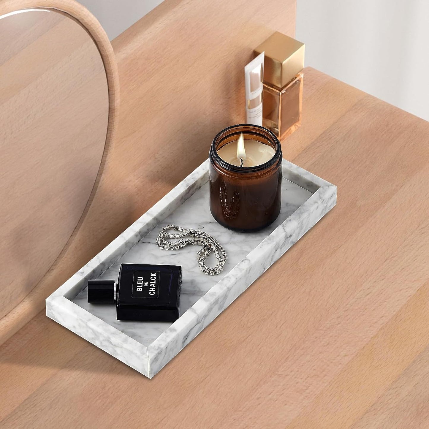 Real Natural Small Marble Tray for Bathroom, Vanity, Kitchen and Desktop, Rectangle Genuine Marble Stone Tray for Jewelry, Cosmetics, Candles, Lotion, Perfume and Home Decor (White, 12" x 5" x 1.2")