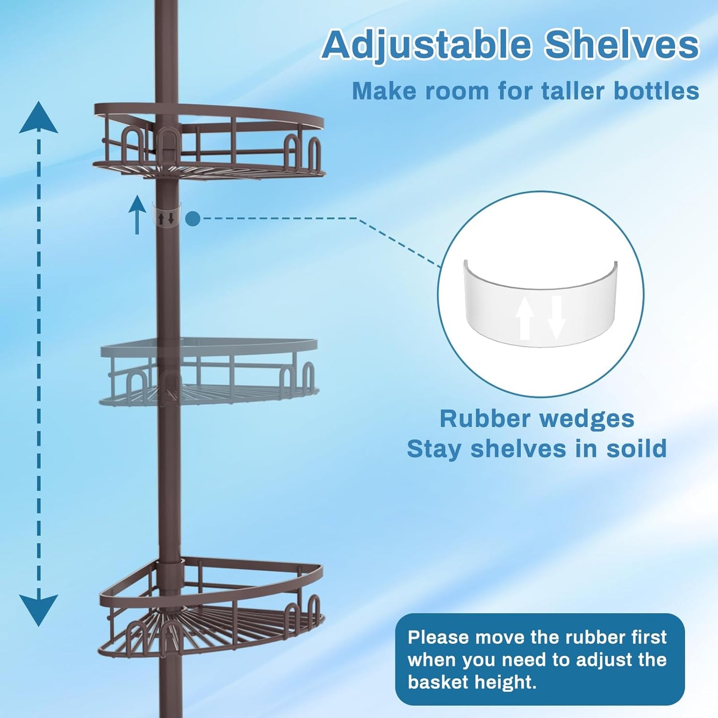 Rustproof Shower Corner Caddy Shelf for Bathroom Tension Pole Organizer with 4 Baskets for Bathtub Shampoo Storage from 23.6 to 114.5 Inch with Towel Bar (Bronze)
