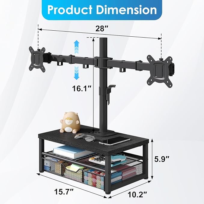 Dual Monitor Stand with Desk Organizer, Heavy Duty VESA Dual Monitor Arm Mount for 13″-27″ Computer Screens, Free-Standing Monitor Arms for Home Office/Gaming, Adjustable Height Angle, Loads 20Lbs/Arm