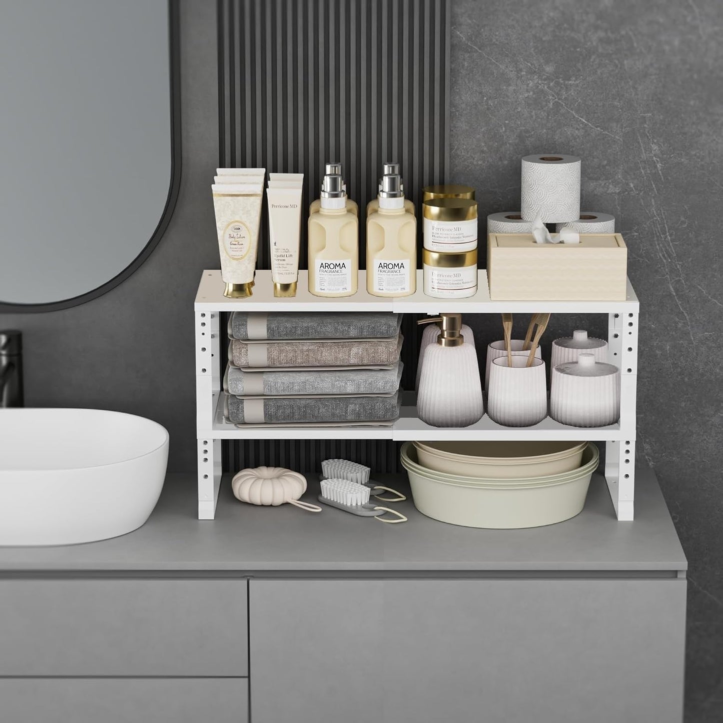 Expandable Spice Rack Organizion for Kitchen Cabinet, Seasoning,Bathroom Organizer Display Shelf, Stackable Multi-Purpose Shelves.Easy-to-Install（3Packs/White,Large