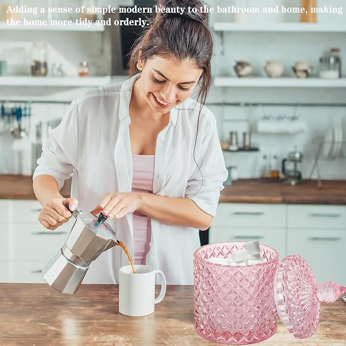 rejomiik 2 Pack Qtip Holder Thick Glass Apothecary Jars with Lid for Bathroom Decor Storage Organizer for Cotton Swabs, Balls, Pads, Floss Picks, Candy, Jewelry, Pink