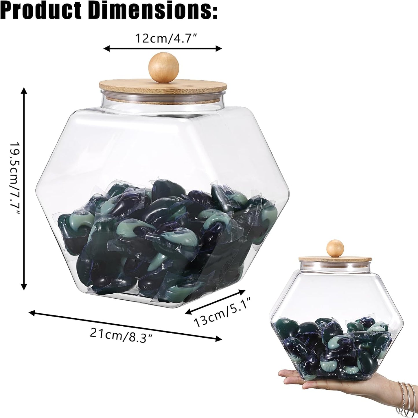 Sumnacon Laundry Pods Container with Wooden Lid, Plastic Laundry Room Organization Jars Farmhouse Wide Mouth Laundry Storage Containers Clear Laundry Pods Holder for Dryer Balls, Beads, Powder