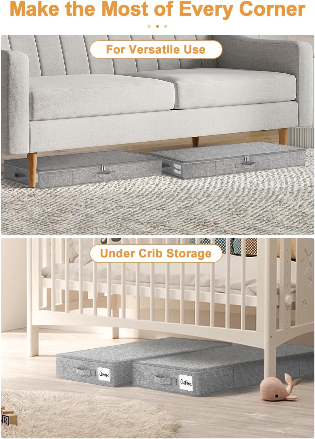 punemi 4Pack Under Bed Storage Containers Bins, 4.5 Inch High Low Profile Underbed Clothes Storage W/Sturdy Sidewalls & Bottom, Shallow Slim Storage Underbed Organizer For Off Season Winter, Blankets