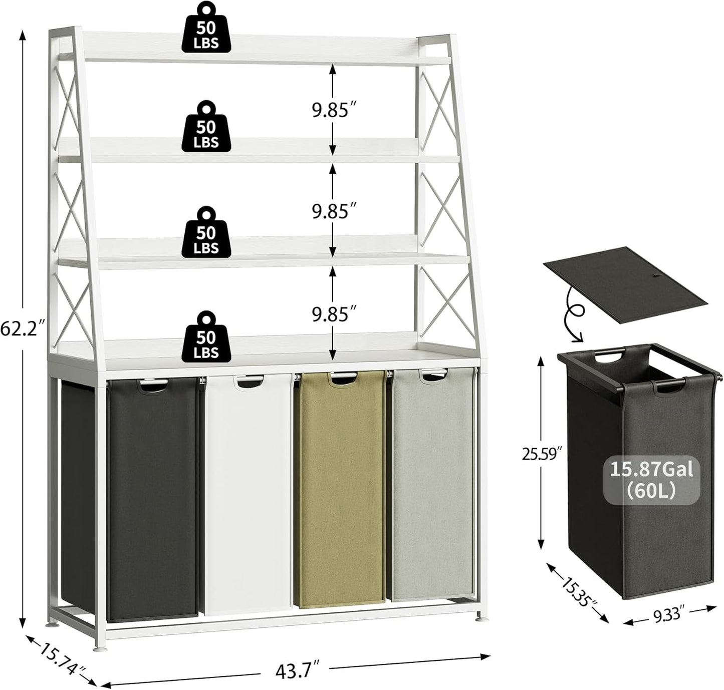 Laundry Basket, 4 Section Laundry Hamper with 4 Tiers Shelf, Pull-Out and Removable Laundry Bags, Large 4 x 15.87 Gallons, for Laundry Room Bathroom White PF12XLE