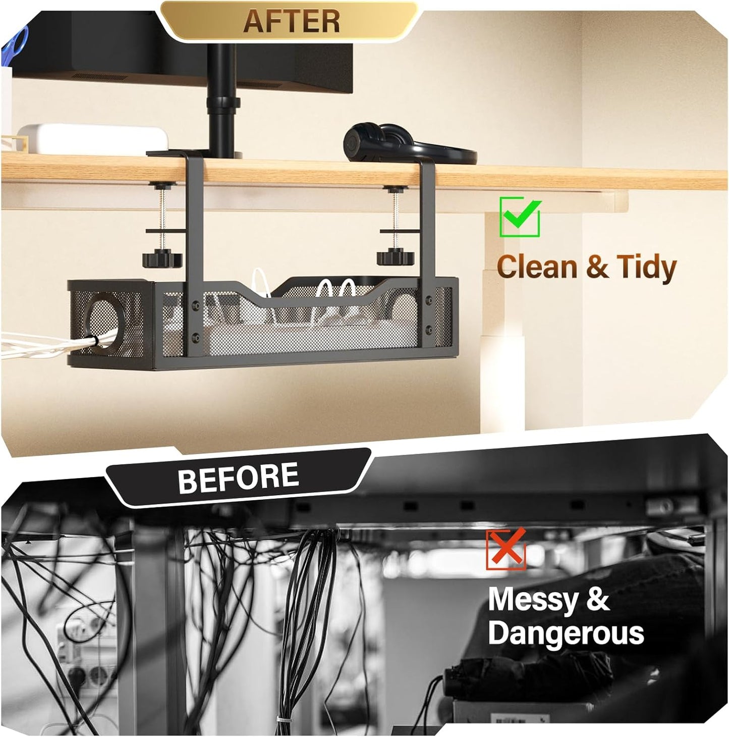 [Upgraded] Under Desk Cable Management Large, Cinati 16" Cable Management Box for Table Thickness up to 3", Wire Cord Organizer with Clamp No Drill, No Damage to Desk(Black)