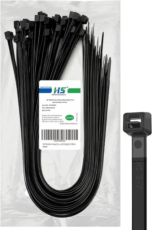 HS Long Heavy Duty Cable Tie Straps Plastic (50 Pack) Outdoor Strong Large Zip Ties 30 Inch,Industrial Zipties 200 Pound Strength UV Black