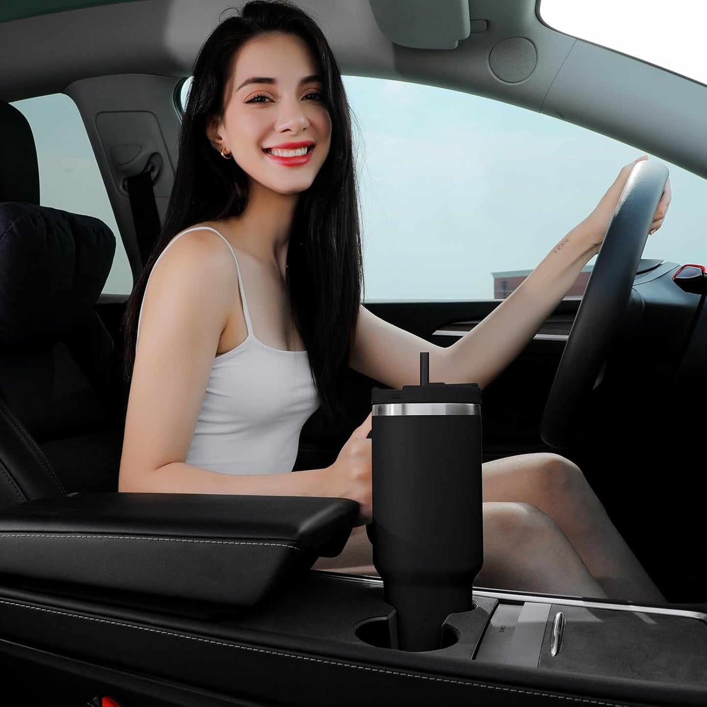 40oz Tumbler with Handle,Double Wall Vacuum Reusable Stainless Steel Insulated Water Bottle,With Leak Proof lid and Straw for Iced or Cold Beverages (Black)