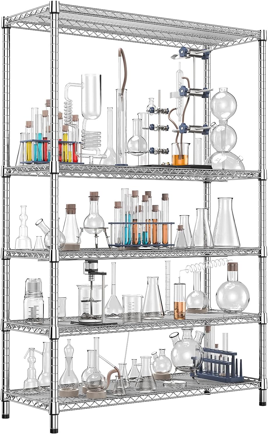 IZEUK 4250 LBS Garage Shelving Wide Storage Shelves 5 Tier Metal Shelves Heavy Duty Adjustable Utility Shelf Rack Chrome 17.7" D x 59.1" W x 70.4" H