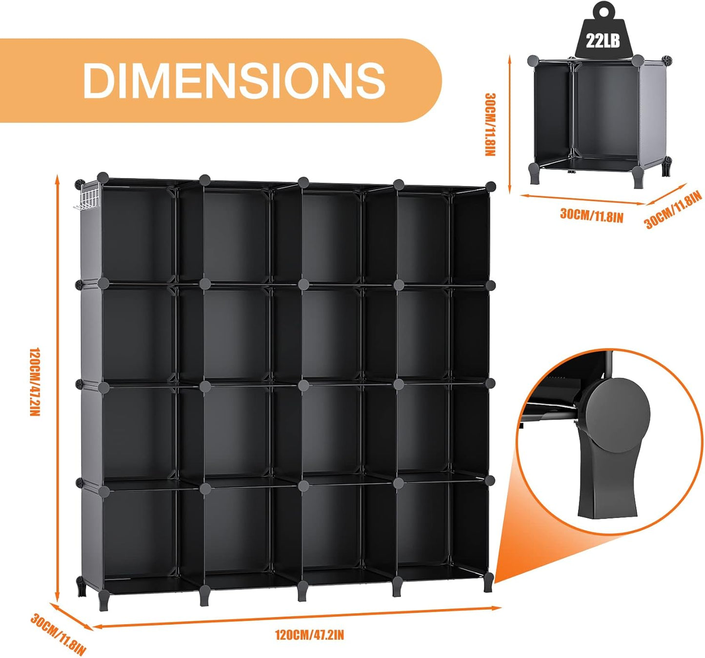 Neprock 16 Cubby Storage Organizer, Closet Clothes Storage Organizer, Cube Shelves Closet Organizers and Storage Shelves for Clothing Storage with Hammer, Bookshelf for Kids（Black）