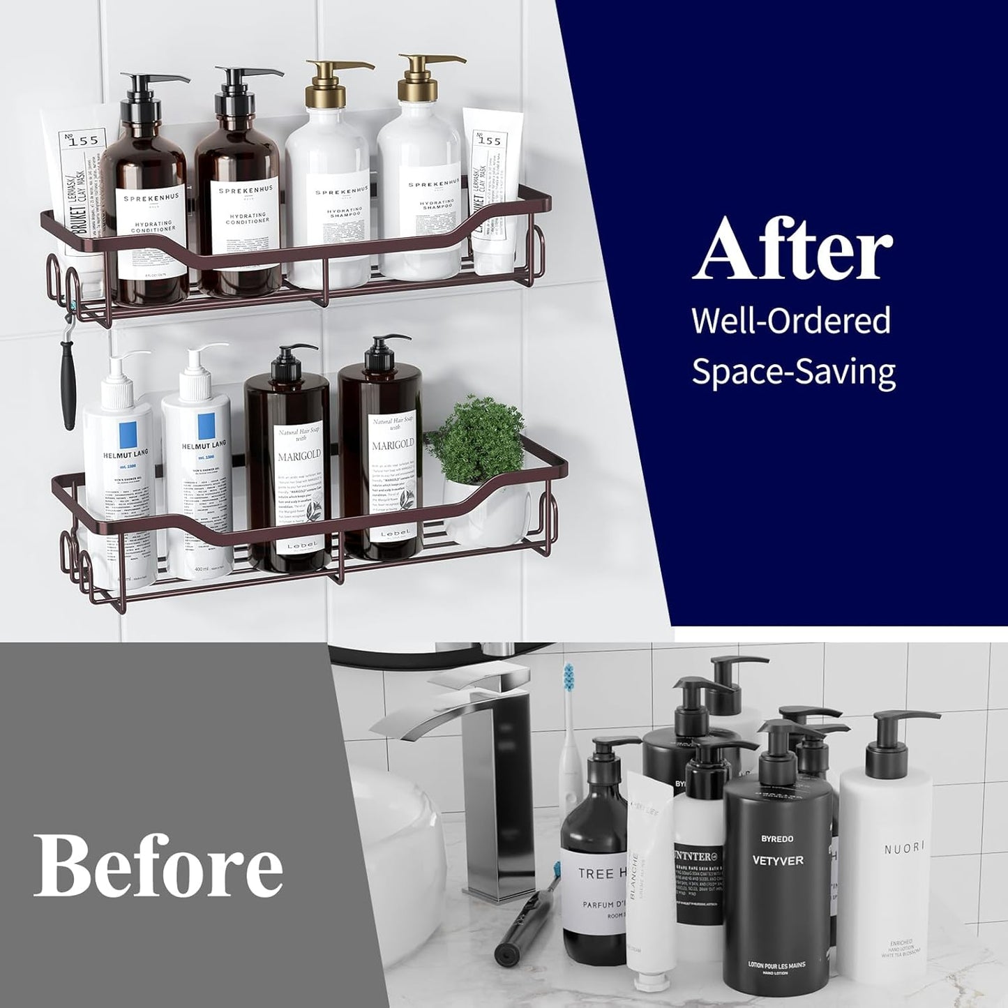 Kitsure Shower Caddy Large - Adhesive Shower Organizer, Stainless Steel Shelf for Inside Shower, No Drill Bathroom Organizers and Storage, Home Decor Accessories, 2 Pack, Brown