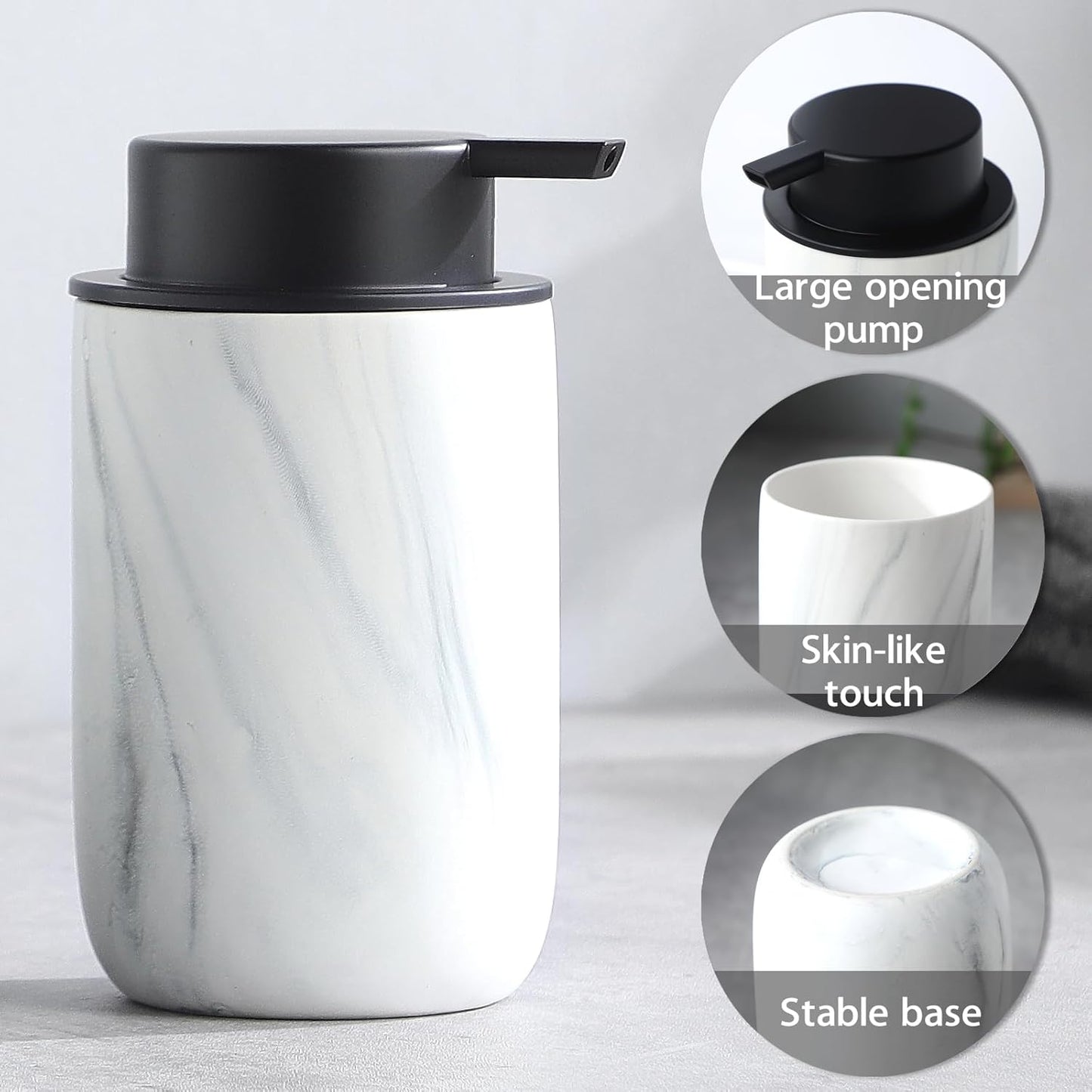 Marble Foaming Soap Dispenser Set - 2 Pack White Marble Ceramic Foam Dish Hand Soap Dispenser with Black Pump for Bathroom, Bathroom Dispenser Set for Modern Home Farmhouse Decor