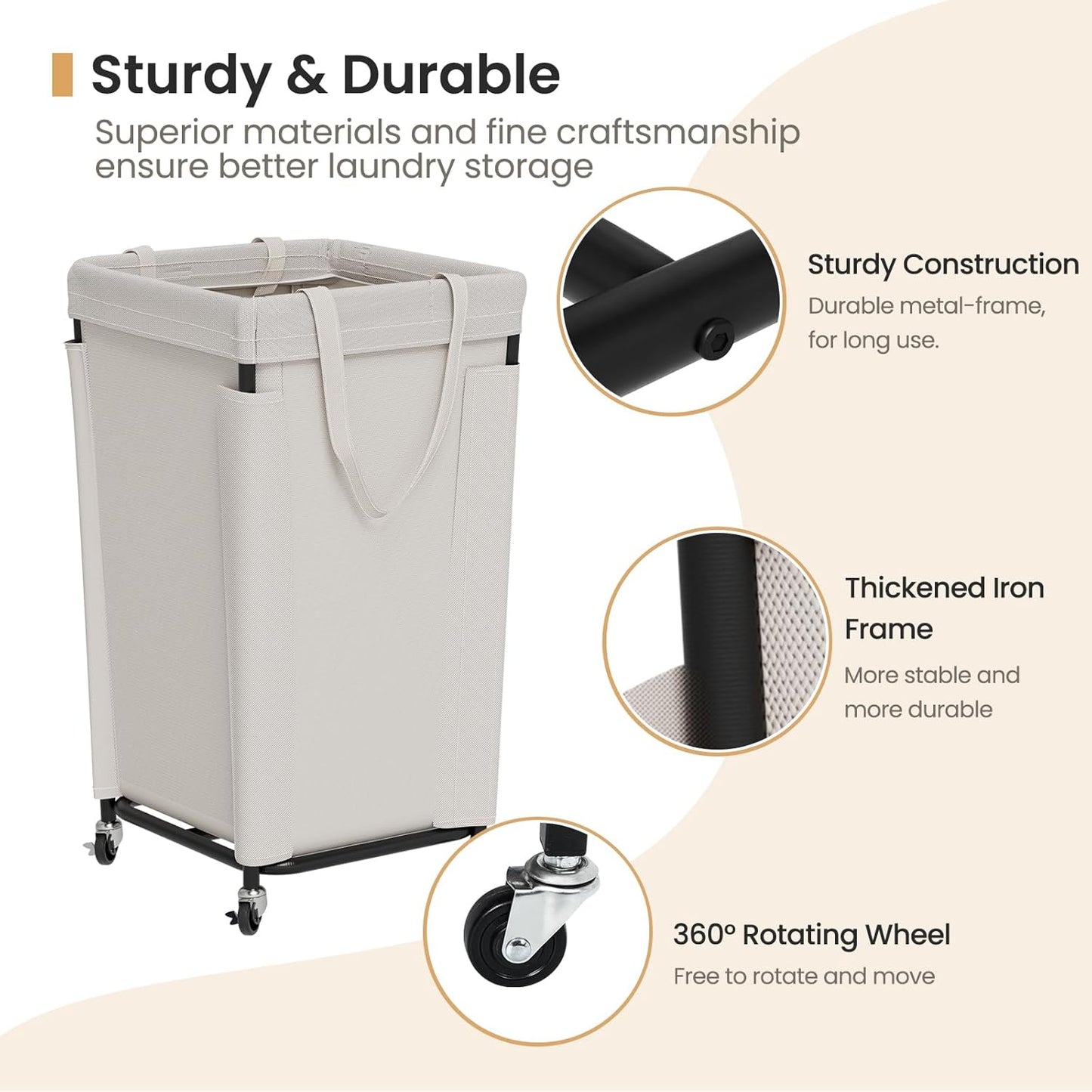 Laundry Basket with Wheels, Laundry Hamper with Removable Bag and Steel Frame, 160L Rolling Dirty Clothes Basket for Bedroom, Bathroom, Laundry Room (Beige)
