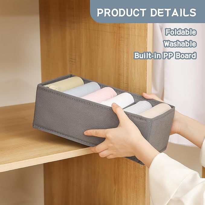 Qozary 3 Pack Sock Underwear Drawer Organizer Dividers, Non-Woven Fabric Collapsible Cabinet Closet Storage Boxes for Clothes, Socks, Lingerie, Underwear, Tie, Belt, Baby, Bedroom (Gray, 6 Cells)