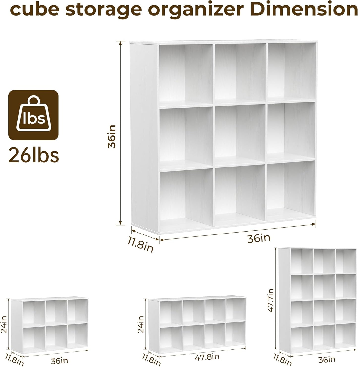 Cube Storage Organizer with Back Panel, 11" x 11" Cubby Shelf, Bookshelf for Home Office, Living Room, Bedroom (Textured White, 9-Cube)